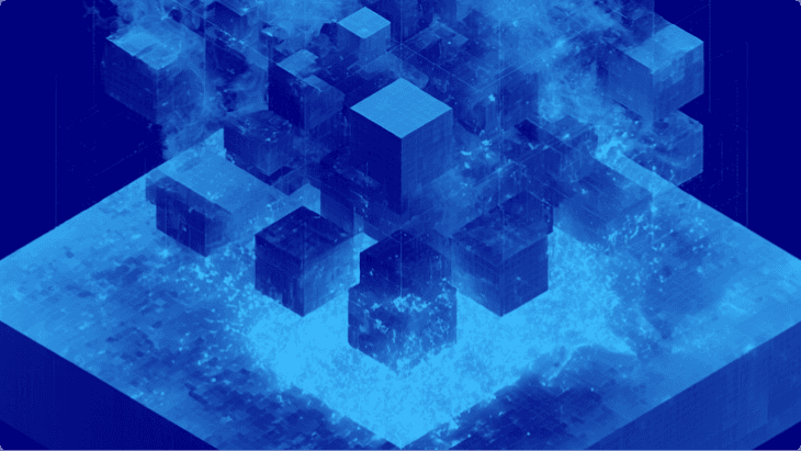 Abstract isometric blue cubes scattering above a fractured plane — binary events research artwork